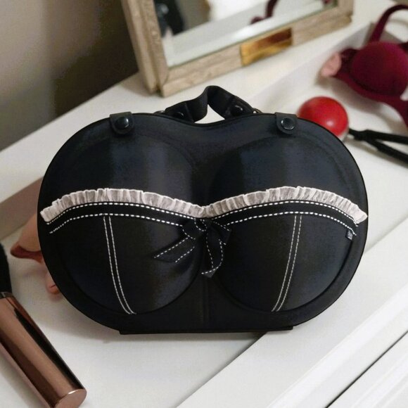 Travel Bra Bag-The Brag Company-Black with White Lace-Hardshell Case. - Picture 1 of 12